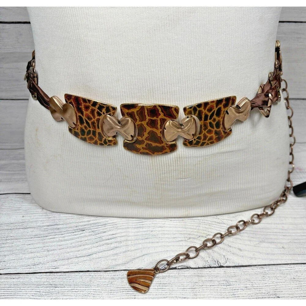 Chicos Giraffe Printed Gold Tone Metal Belt Animal Print Brown Fabric Chain